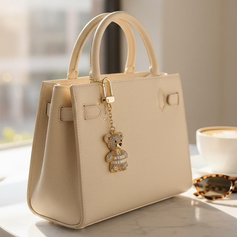 Gold Dipped CZ Pave Teddy Bear Keychain Bag Charm, Sparkle Bear Accessory