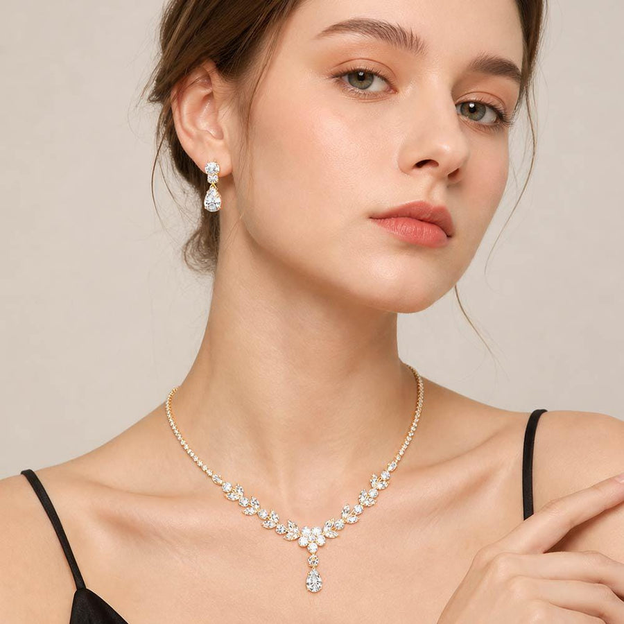 Teardrop CZ Floral Necklace | Bridal Crystal Statement Jewelry Set