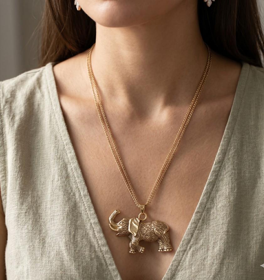 Textured Metal Elephant Pendant Double Chain Necklace, Boho Animal Statement Jewelry