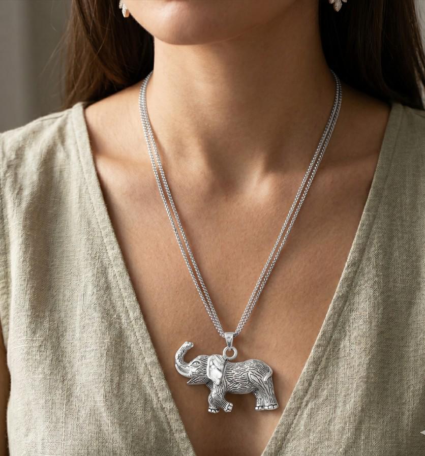 Textured Metal Elephant Pendant Double Chain Necklace, Boho Animal Statement Jewelry