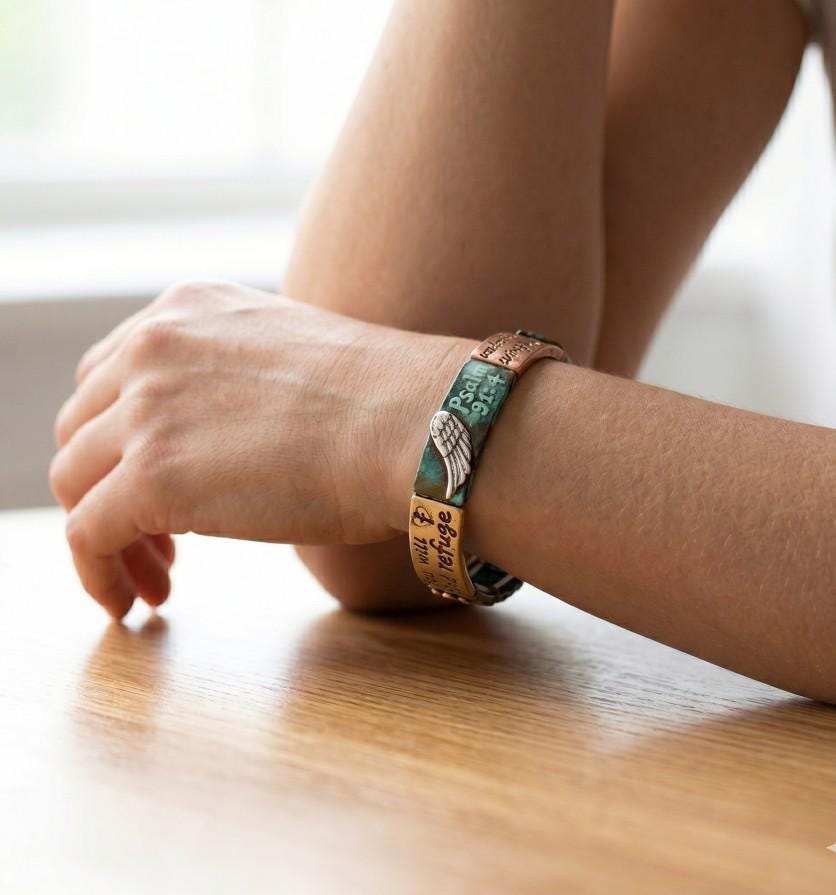 Psalm 91:4 Hammered Metal Stretch Scripture Bracelet | Christian Faith Jewelry