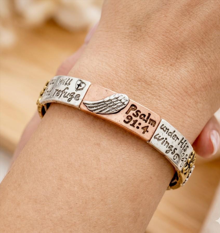 Psalm 91:4 Hammered Metal Stretch Scripture Bracelet | Christian Faith Jewelry