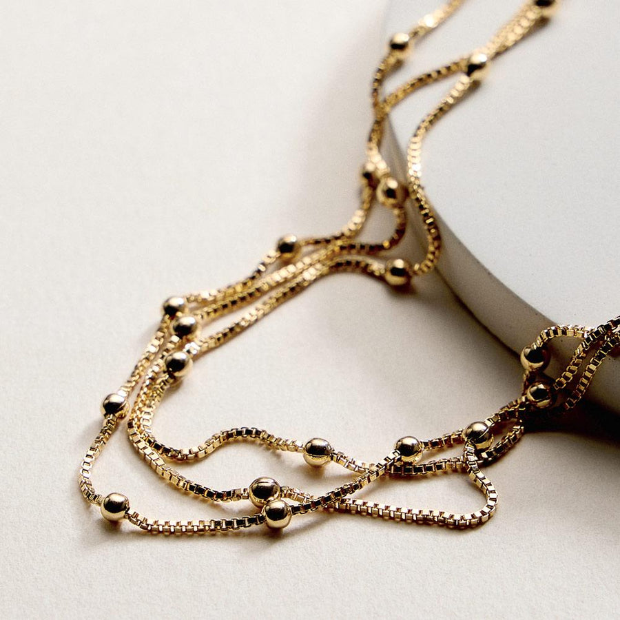 18K Gold Filled Layered Beaded Chain Necklace, Dainty Minimalist Everyday Jewelry