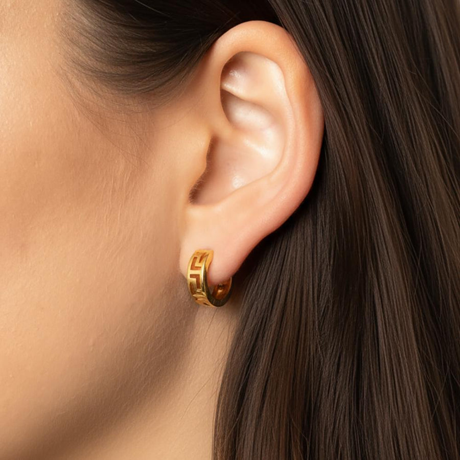 14K Gold Dipped Geometric Huggie Hoop Earrings, Minimalist Patterned Brass Hoops