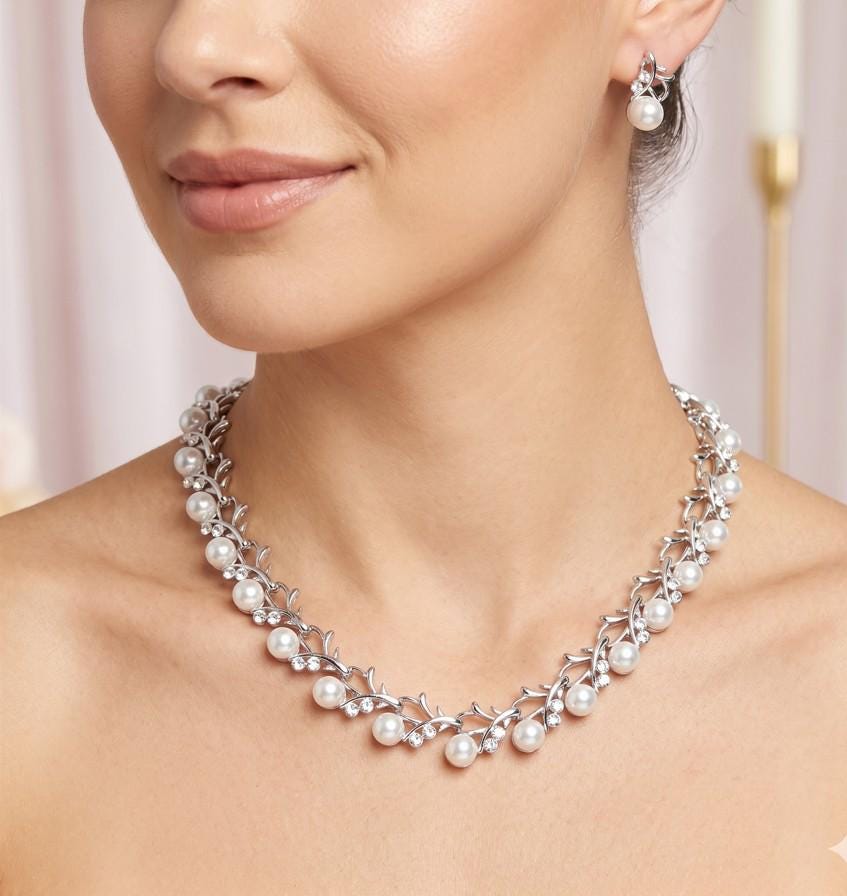 Rhinestone Pearl Accent Necklace | Bridal Statement Jewelry for Weddings & Formal Wear