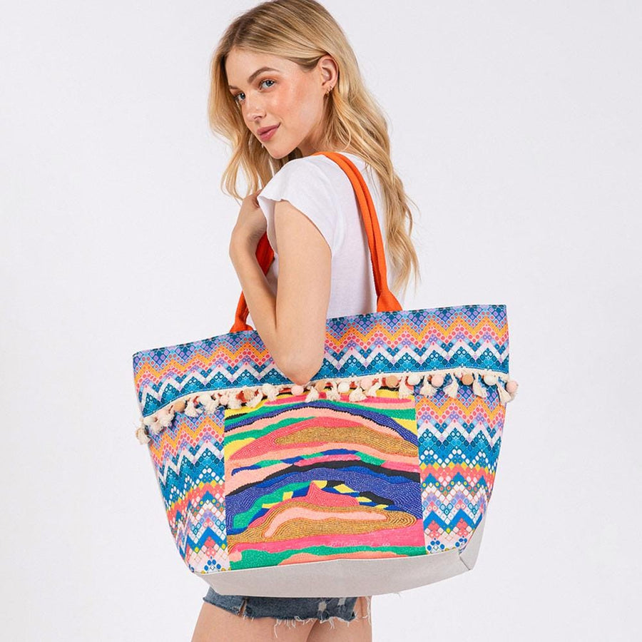 Boho Fruit Print Fringe Tote Bag | Bohemian Beach Handbag | Vacation Shoulder bag