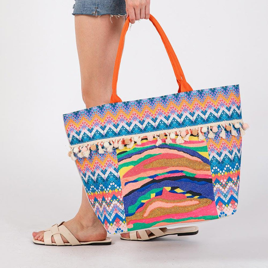 Boho Fruit Print Fringe Tote Bag | Bohemian Beach Handbag | Vacation Shoulder bag