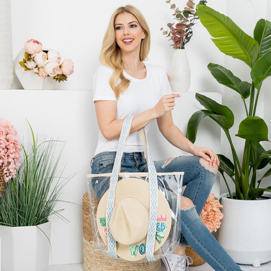 Transparent Hat Carrying Tote Bag | Aztec Strap Beach Travel Bag | Resort & Vacation Handbag