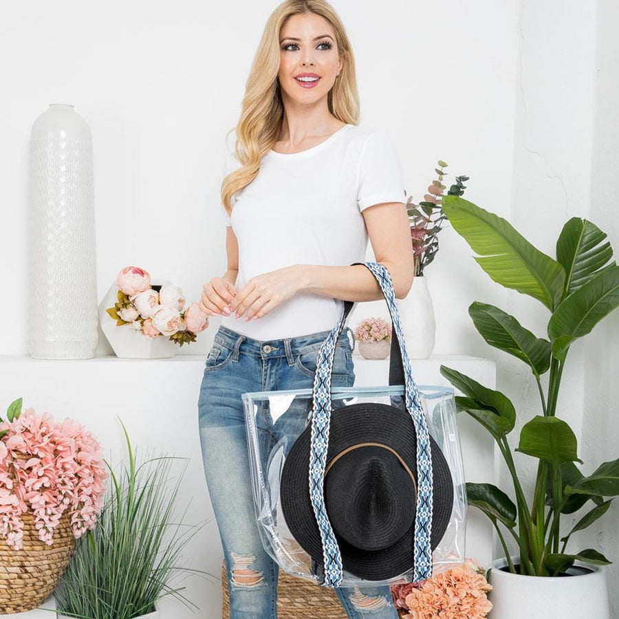 Transparent Hat Carrying Tote Bag | Aztec Strap Beach Travel Bag | Resort & Vacation Handbag