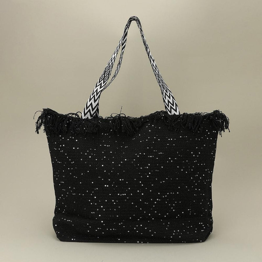 Sequin Embellished Woven Tote Bag | Large Frayed Shoulder Beach Bag | Boho Summer Handbag
