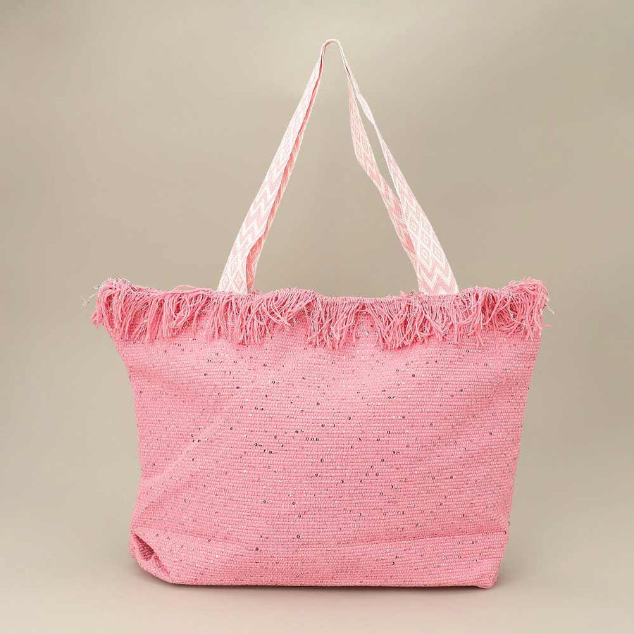Sequin Embellished Woven Tote Bag | Large Frayed Shoulder Beach Bag | Boho Summer Handbag