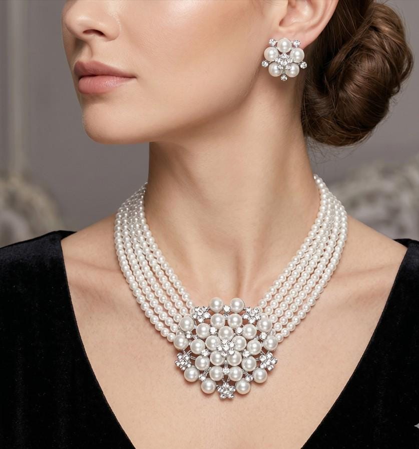 Pearl Cluster Flower Jewelry Set, Necklace, Clip On Earrings, Bridal Floral Pearls