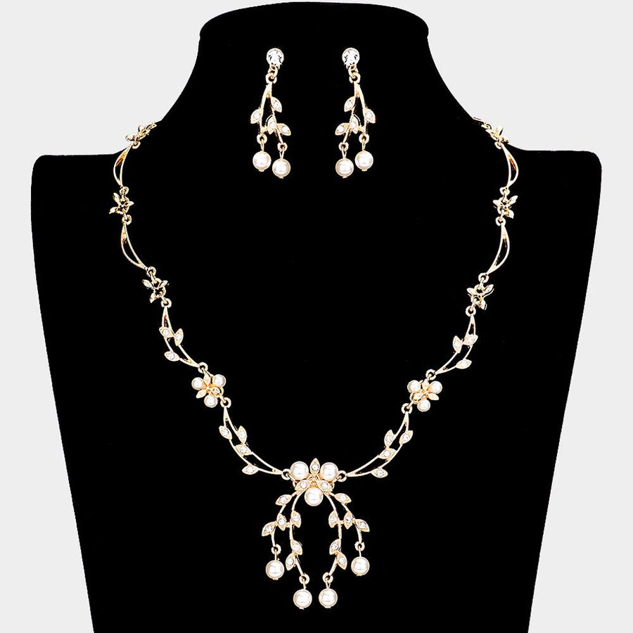 Floral Pearl Crystal Rhinestone Necklace, Vintage Style Bridal Wedding Jewelry