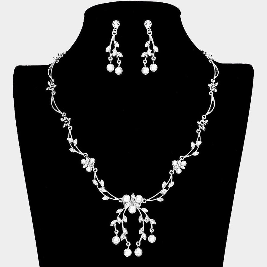 Floral Pearl Crystal Rhinestone Necklace, Vintage Style Bridal Wedding Jewelry