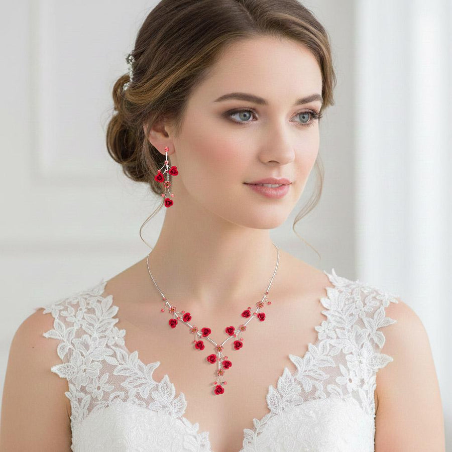 Rhinestone Rose Flower Vine Necklace Set, Elegant Crystal Bridal Jewelry