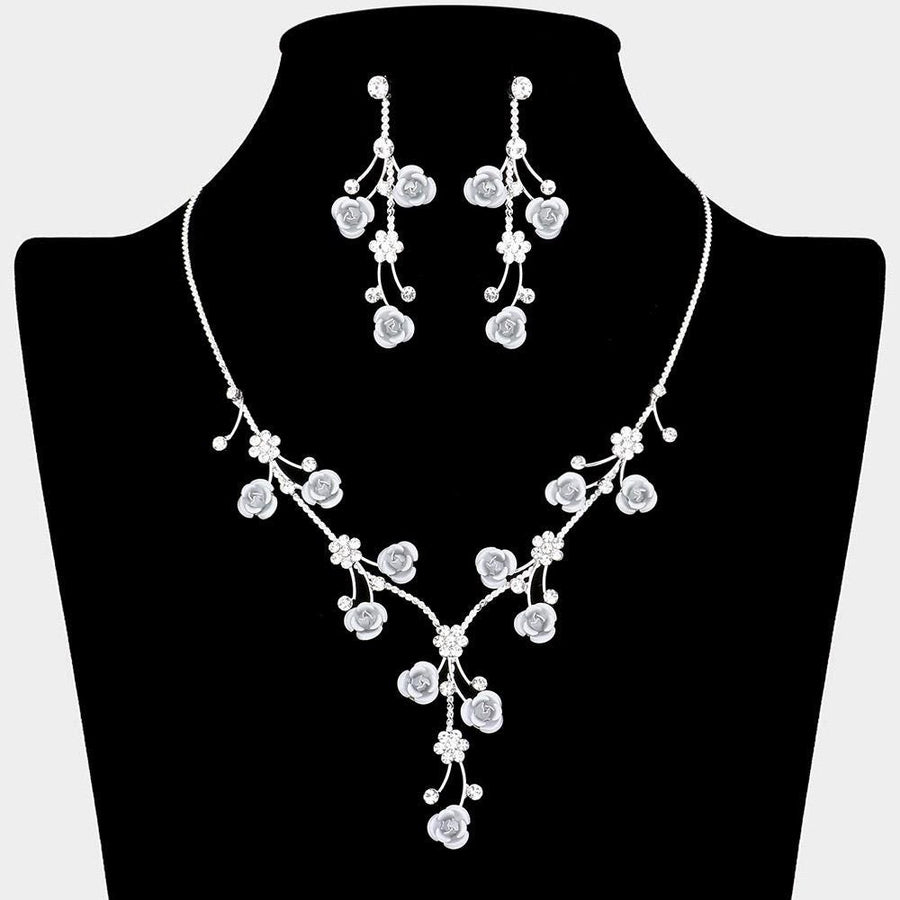 Rhinestone Rose Flower Vine Necklace Set, Elegant Crystal Bridal Jewelry