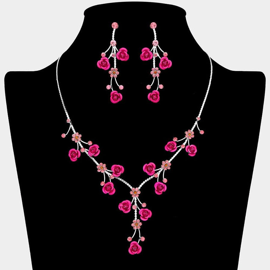 Rhinestone Rose Flower Vine Necklace Set, Elegant Crystal Bridal Jewelry