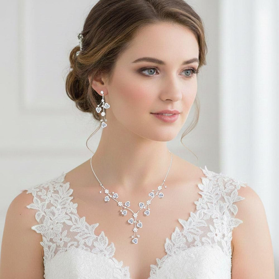 Rhinestone Rose Flower Vine Necklace Set, Elegant Crystal Bridal Jewelry