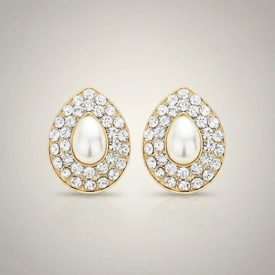 Teardrop Pearl Clip On Earrings, Pave Drop Bridal Wedding Jewelry