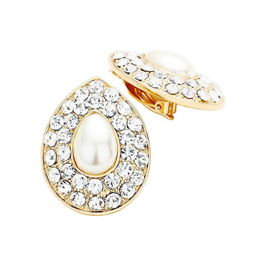 Teardrop Pearl Clip On Earrings, Pave Drop Bridal Wedding Jewelry