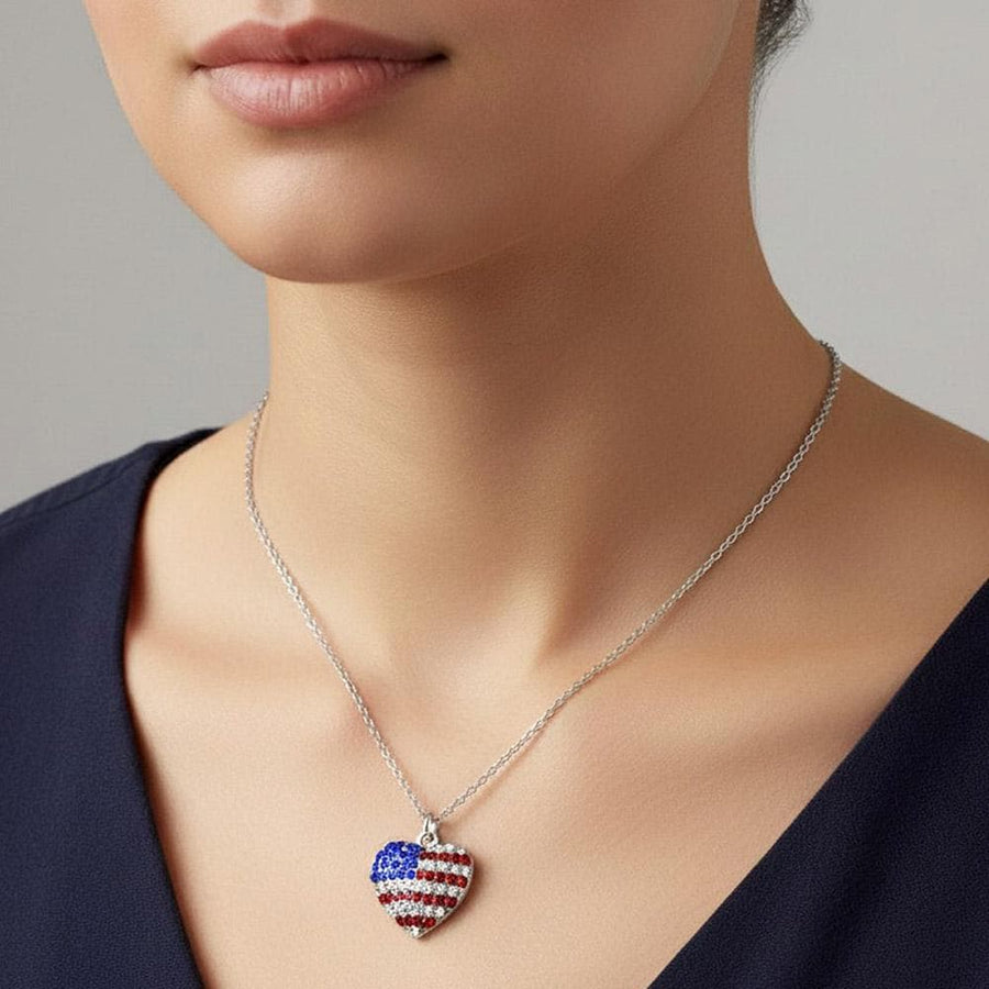 Rhinestone American Flag Heart Pendant Necklace, USA Patriotic Jewelry, Fourth of July Charm