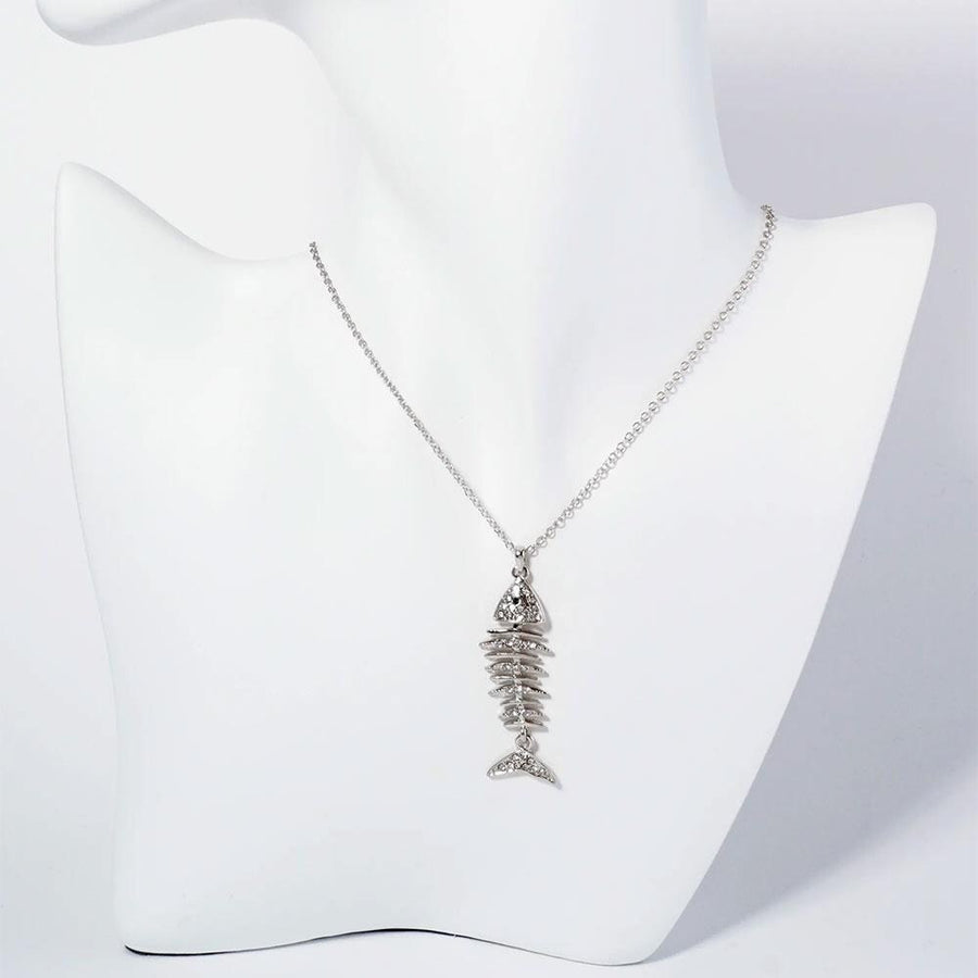 Crystal Pave Fishbone Pendant Necklace, Edgy Minimalist Charm Jewelry