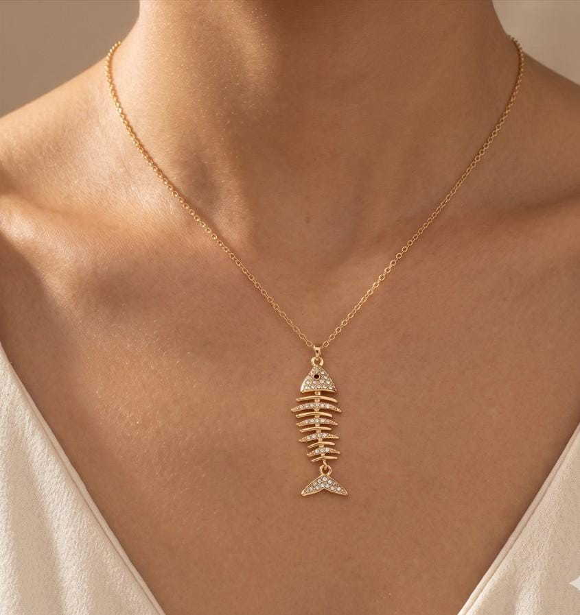 Crystal Pave Fishbone Pendant Necklace, Edgy Minimalist Charm Jewelry