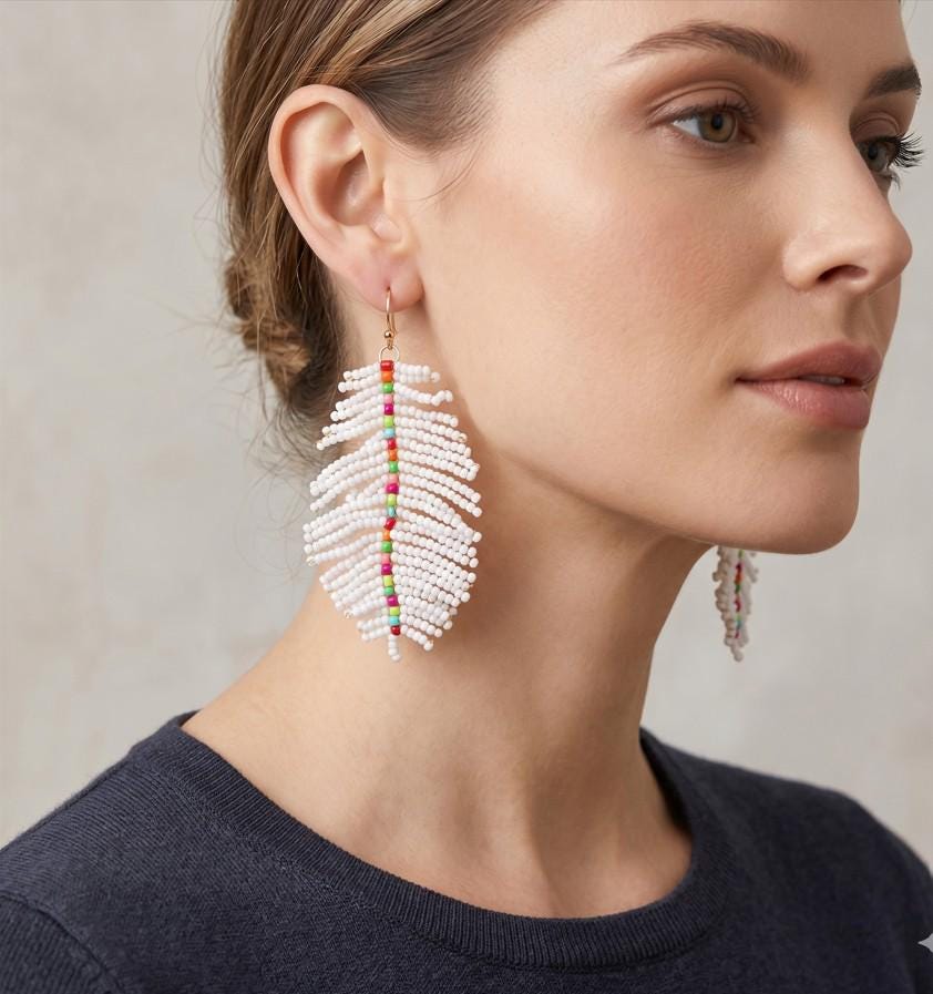 Seed Beaded Feather Dangle Earrings | Colorful Boho Statement Jewelry