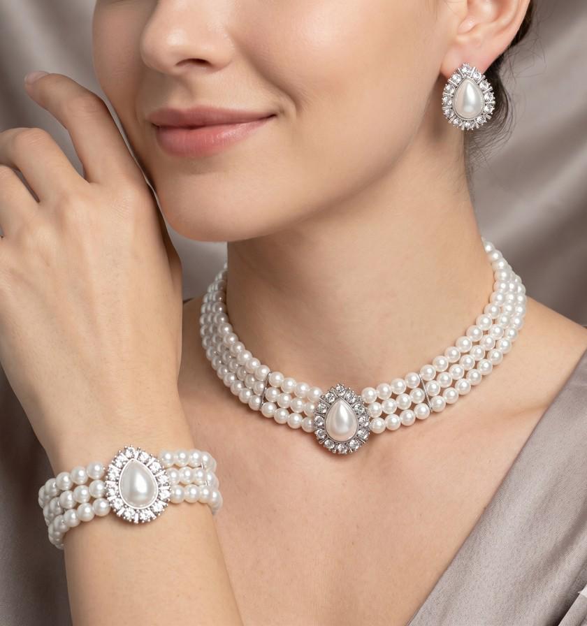 3-Piece Teardrop Pearl Choker Jewelry Set, Layered Necklace, Bridal Wedding Statement Choker