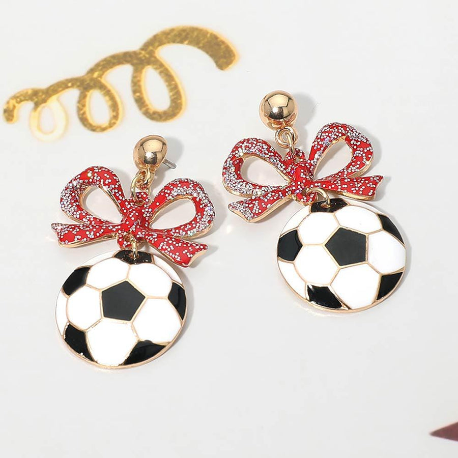 Bow Soccer Ball Drop Earrings | Sports Fan Dangle Jewelry | Game Day Statement Accessory