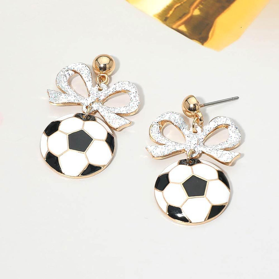 Bow Soccer Ball Drop Earrings | Sports Fan Dangle Jewelry | Game Day Statement Accessory