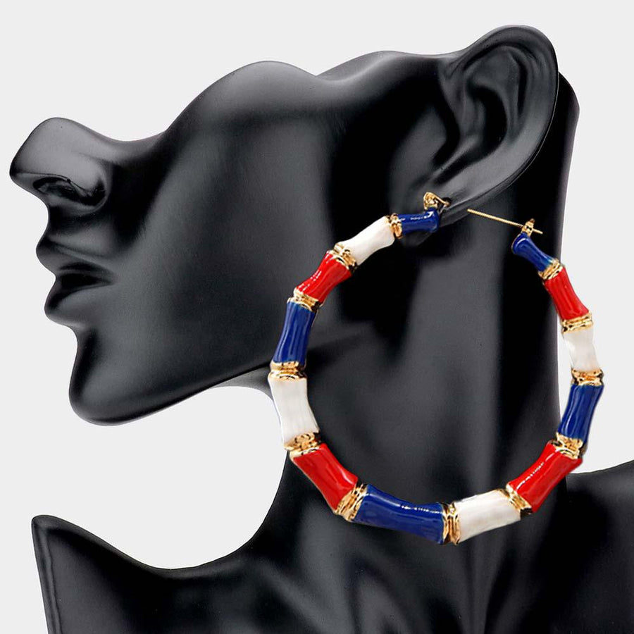 American Flag Enamel Bamboo Hoop Earrings | USA Pride Patriotic Statement Hoop Jewelry
