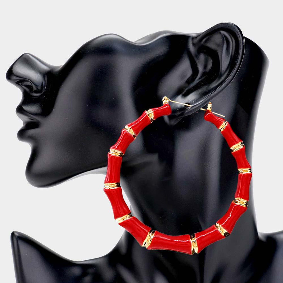 American Flag Enamel Bamboo Hoop Earrings | USA Pride Patriotic Statement Hoop Jewelry