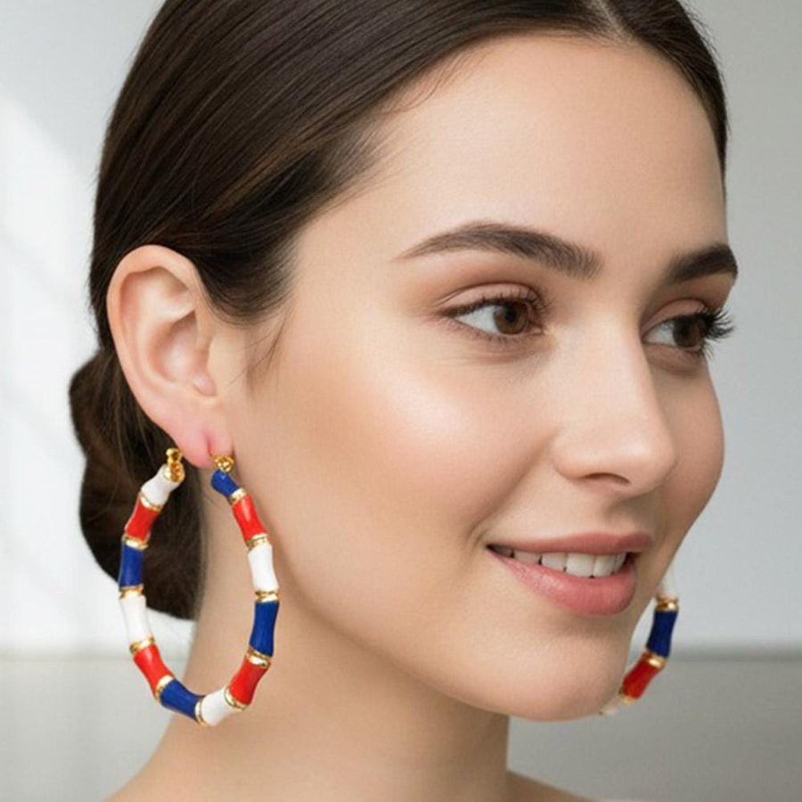 American Flag Enamel Bamboo Hoop Earrings | USA Pride Patriotic Statement Hoop Jewelry