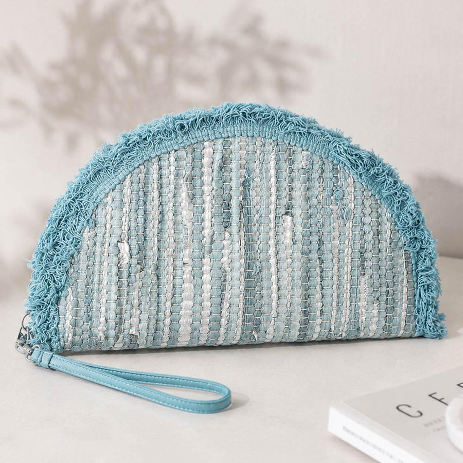 Boho Fringe Textured Half Moon Clutch Bag | Woven Bohemian Wristlet Purse | Chic Evening Purse