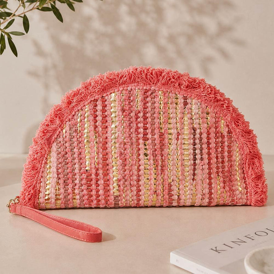 Boho Fringe Textured Half Moon Clutch Bag | Woven Bohemian Wristlet Purse | Chic Evening Purse