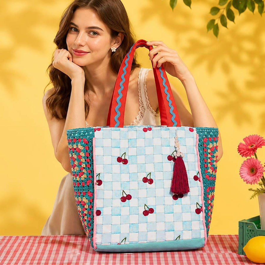 Beaded Sequin Cherry Embroidered Canvas Tote Bag | Pearl Tassel Granny Square Large Shoulder Bag