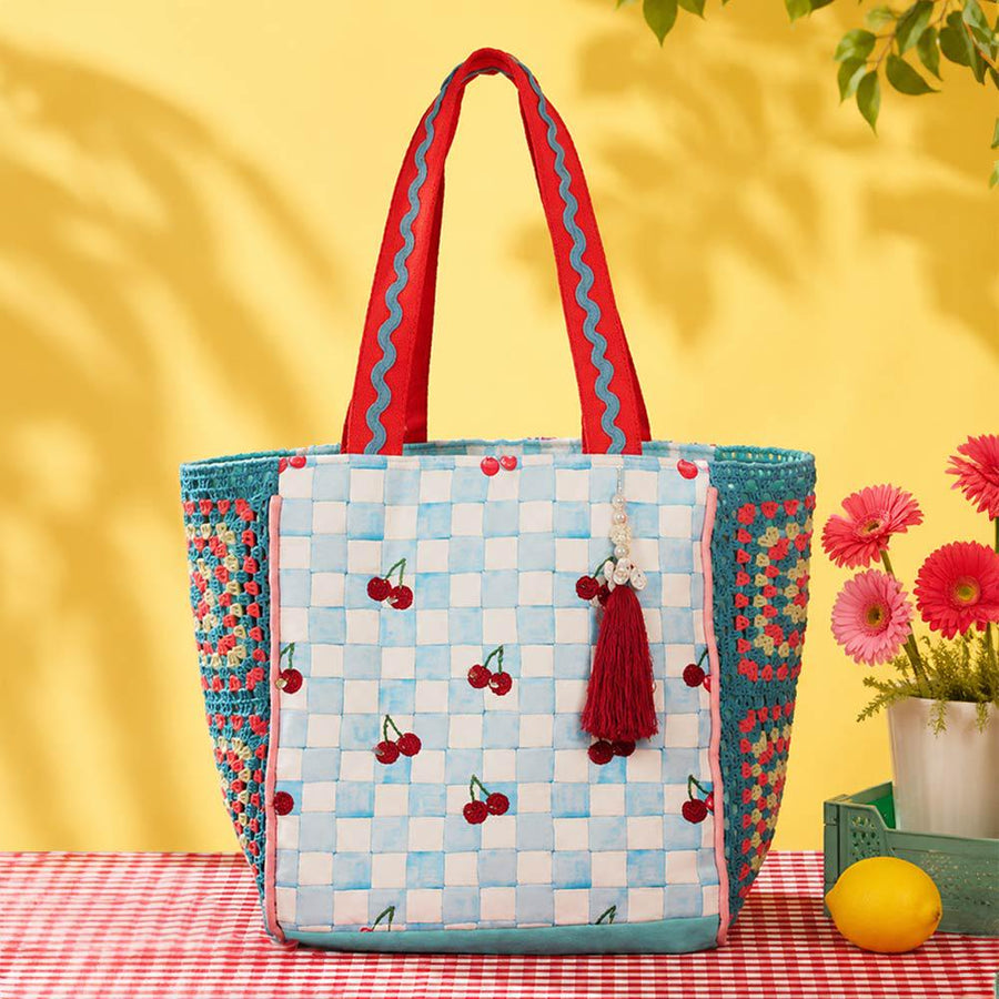 Beaded Sequin Cherry Embroidered Canvas Tote Bag | Pearl Tassel Granny Square Large Shoulder Bag