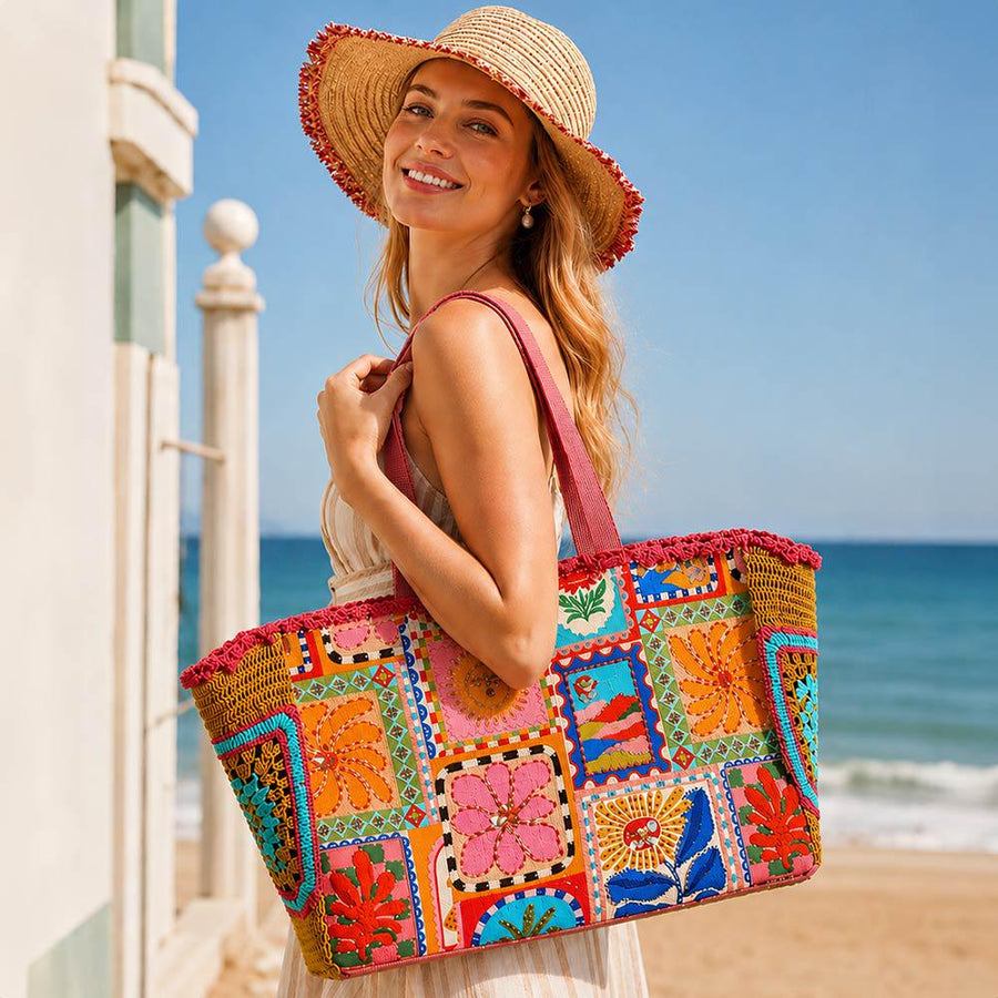 Boho Embroidered Floral Patchwork Large Structured Carryall Shoulder Tote Bag | Trendy Bohemian Handbag