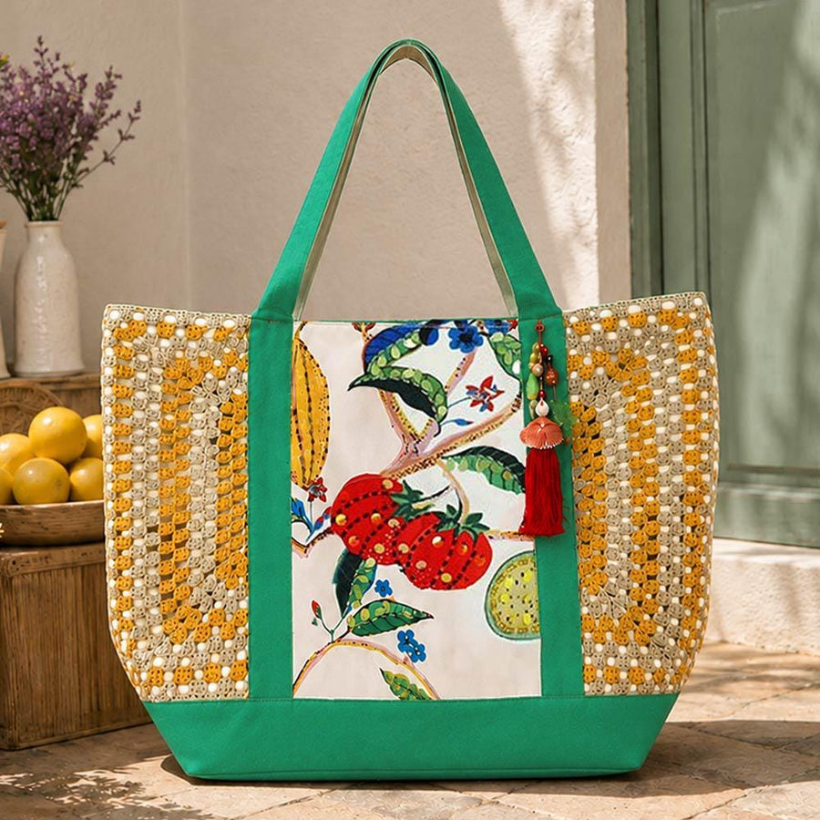 Sequin Embroidered Fruit Flower Print Shoulder Tote Bag | Pearl Tassel Granny Square Boho Handbag