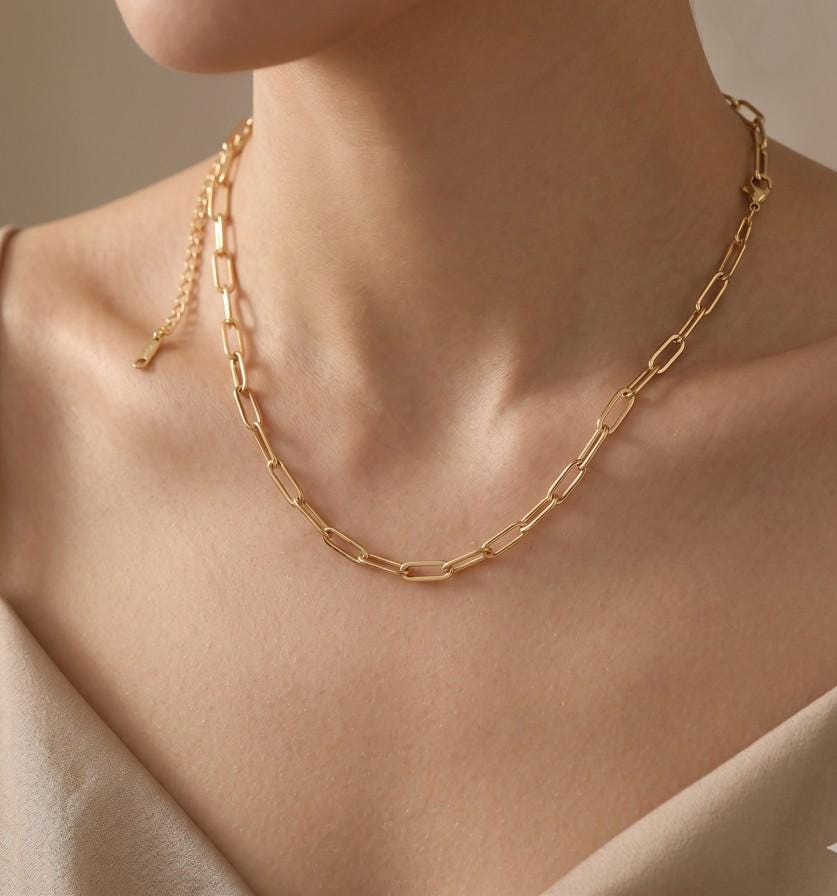 14K Gold Plated Paperclip Chain Necklace, Minimalist Stainless Steel Link Jewelry