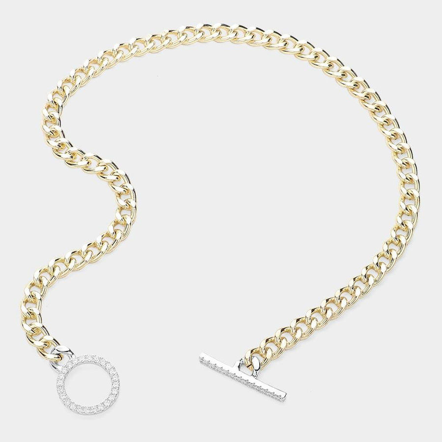 14K Gold Plated CZ Paved Toggle Necklace, Dainty Chain Jewelry, Minimalist Layering Necklace