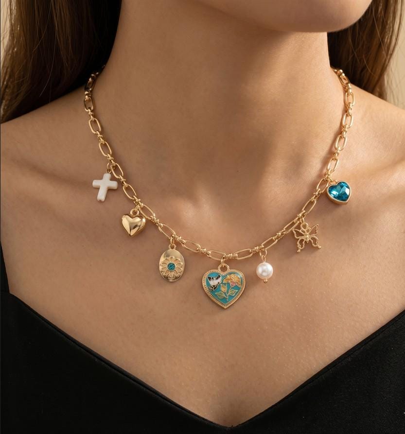 Butterfly Flower Enamel Heart Charm Station Necklace, Dainty Floral Pendant Jewelry