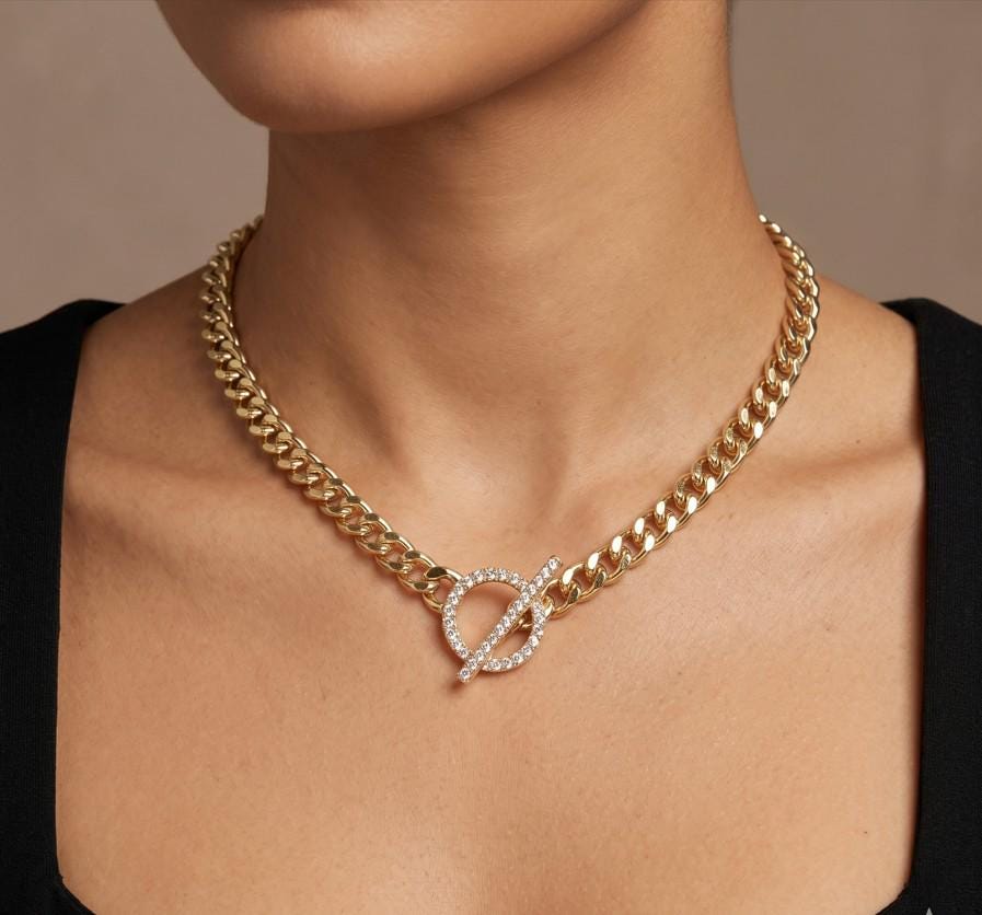 14K Gold Plated CZ Paved Toggle Necklace, Dainty Chain Jewelry, Minimalist Layering Necklace