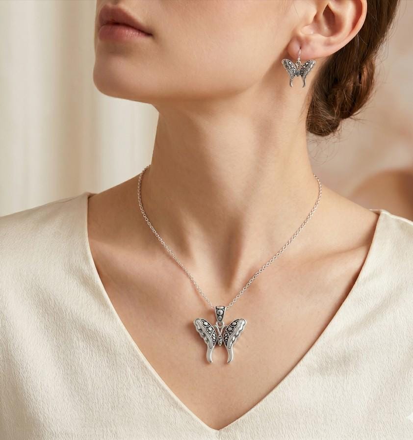 Antique Butterfly Jewelry Set, Vintage Necklace Earrings, Boho Pendant Nature Inspired