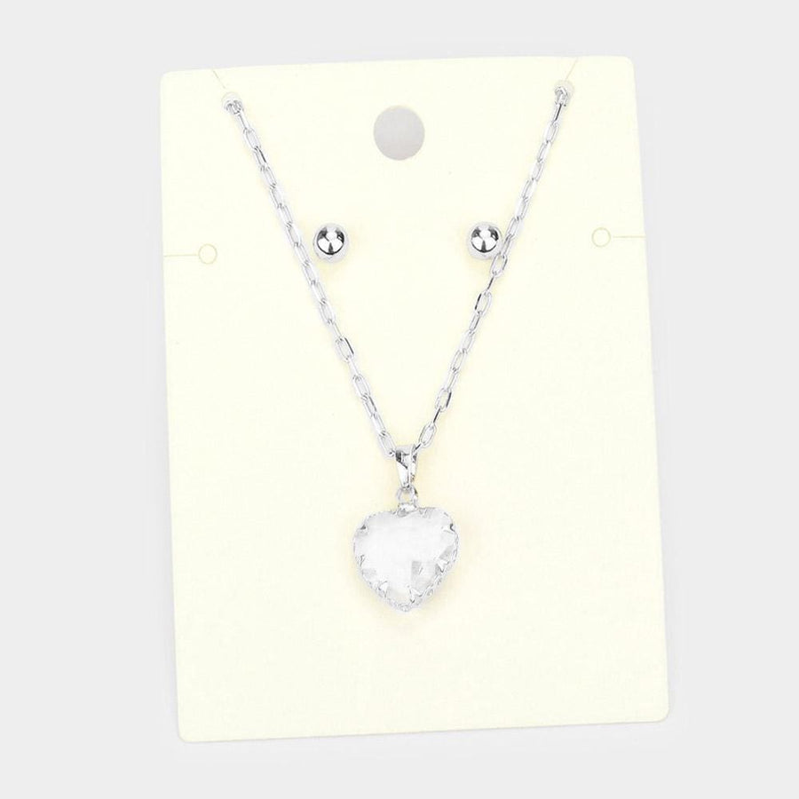 Heart Pendant Necklace and Round Stud Earrings Set | Dainty Minimalist Everyday Jewelry