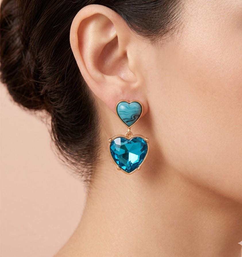 Epoxy Heart Glass Stone Dangle Earrings, Marbled Detail, Romantic Statement Jewelry