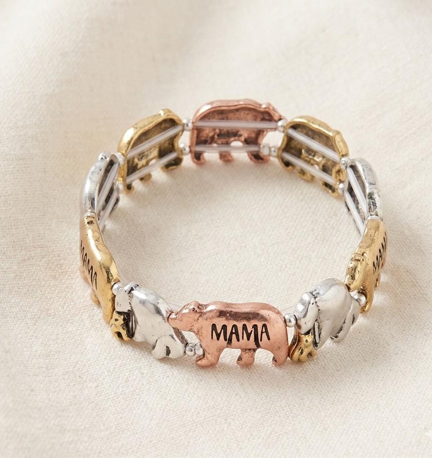 Mama Bear Stretch Bracelet, Motherhood Jewelry, Minimalist Stackable Bangle