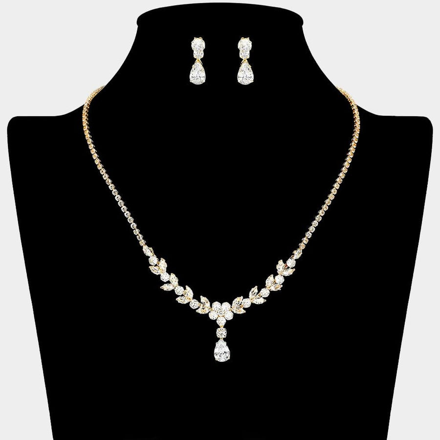 Teardrop CZ Floral Necklace | Bridal Crystal Statement Jewelry Set