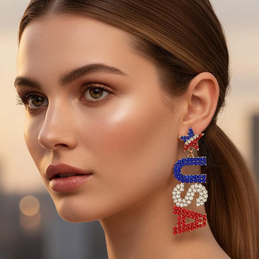 Rhinestone Studded Patriotic USA Letter Drop Earrings | Sparkly Statement Jewelry | Dangle Earrings